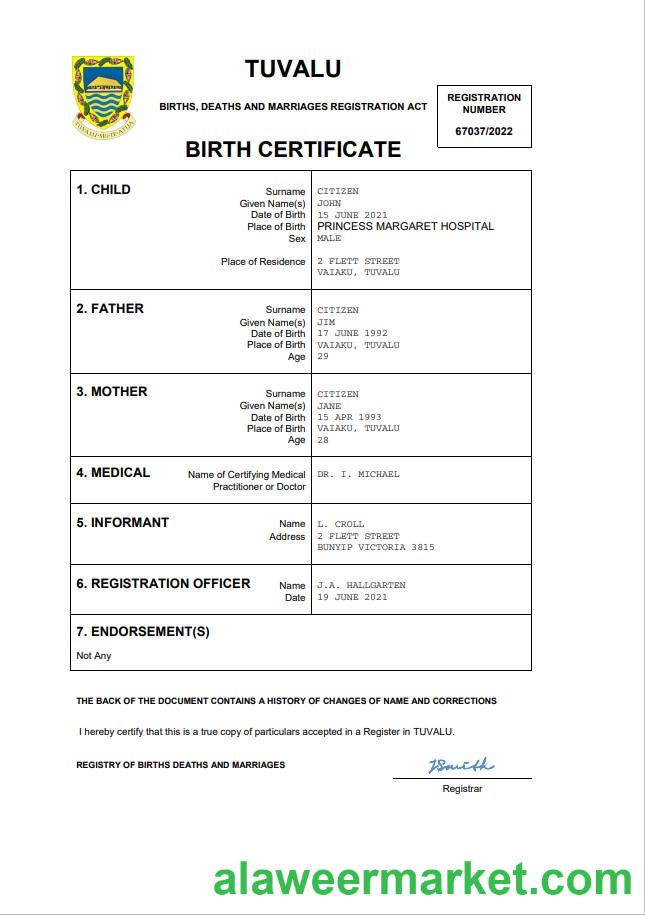 Tuvalu birth certificate Word and PDF template